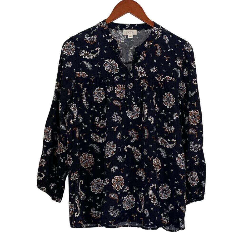 LOFT Navy Boho Floral Paisley V-Neck/Open Neck, Button, Peasant Top/Blouse M